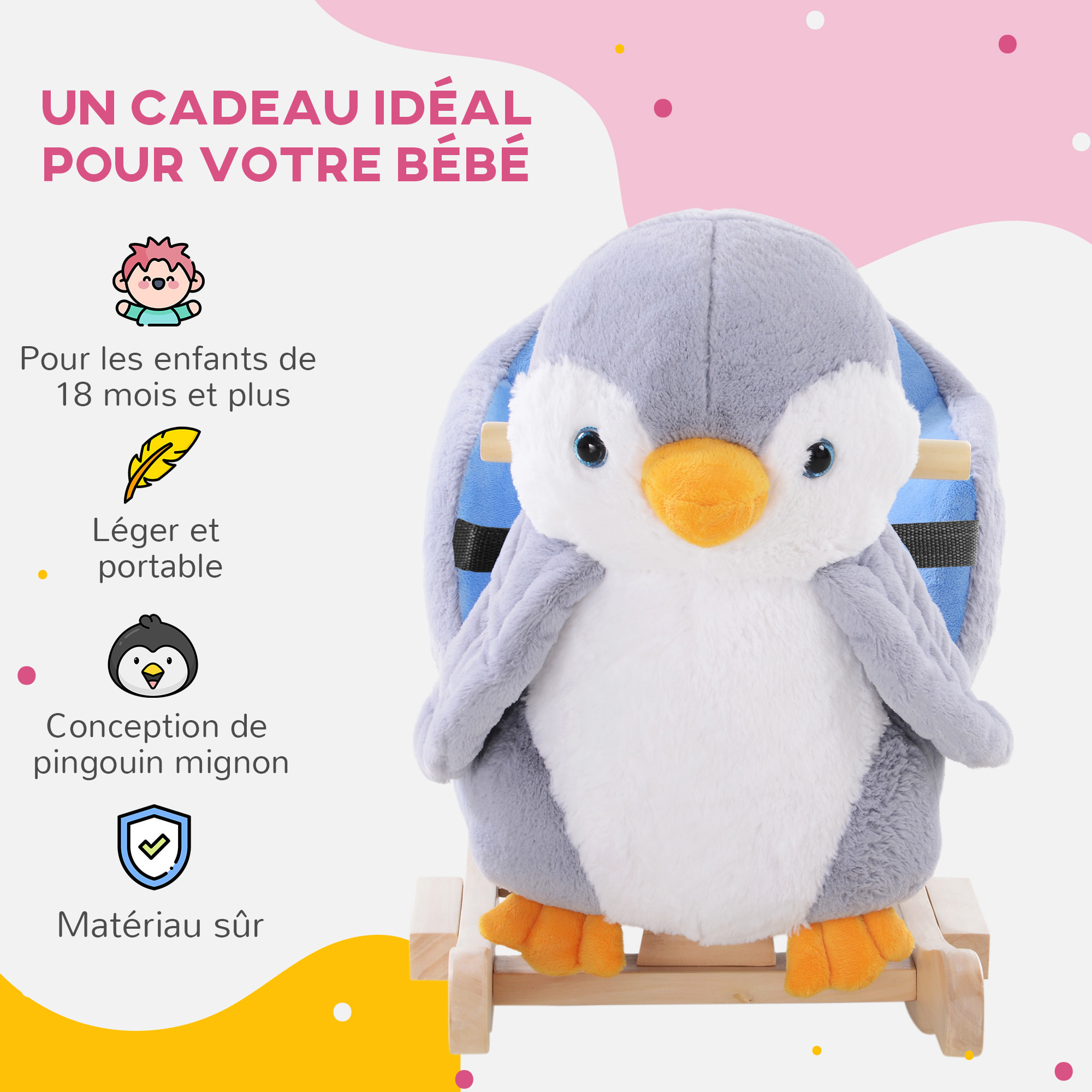 Jouet à bascule pingouin pour enfant +18 mois effet sonore poignées siège ceinture réglable gris