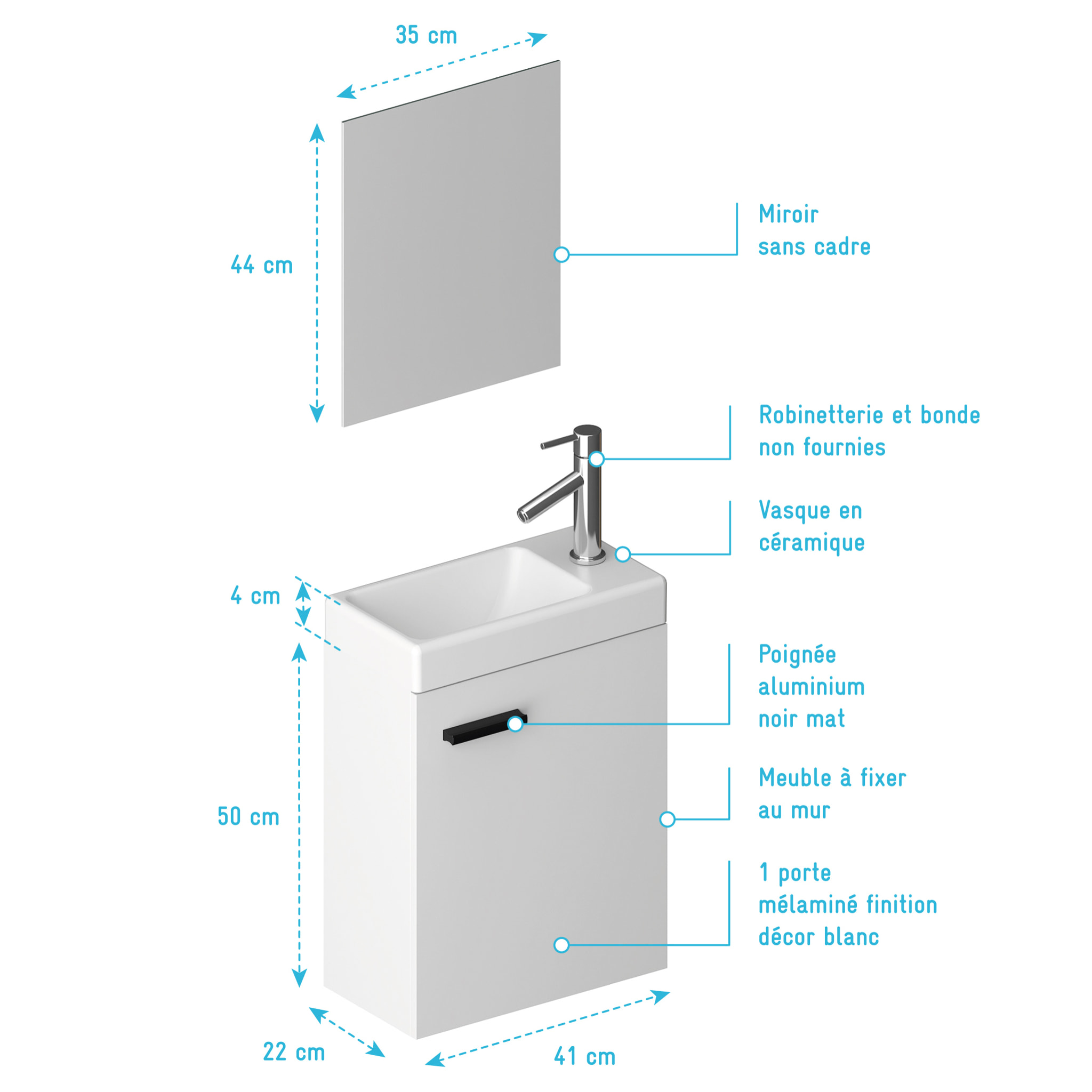 Ensemble Meuble Lave Mains Blanc 41x50x22cm + Miroir - SMALLY WHITE