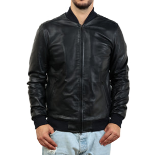 Giubbino in vera pelle di vitello foderato con trapunta invernale Blu-Slim Fit