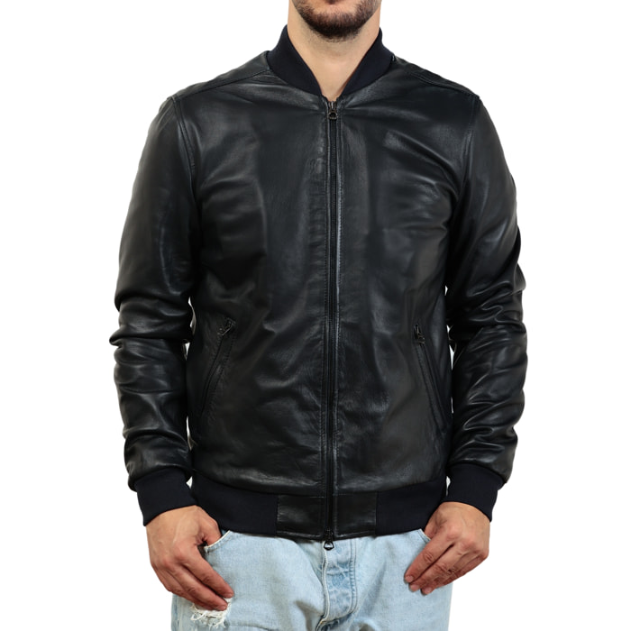 Giubbino in vera pelle di vitello foderato con trapunta invernale Blu-Slim Fit