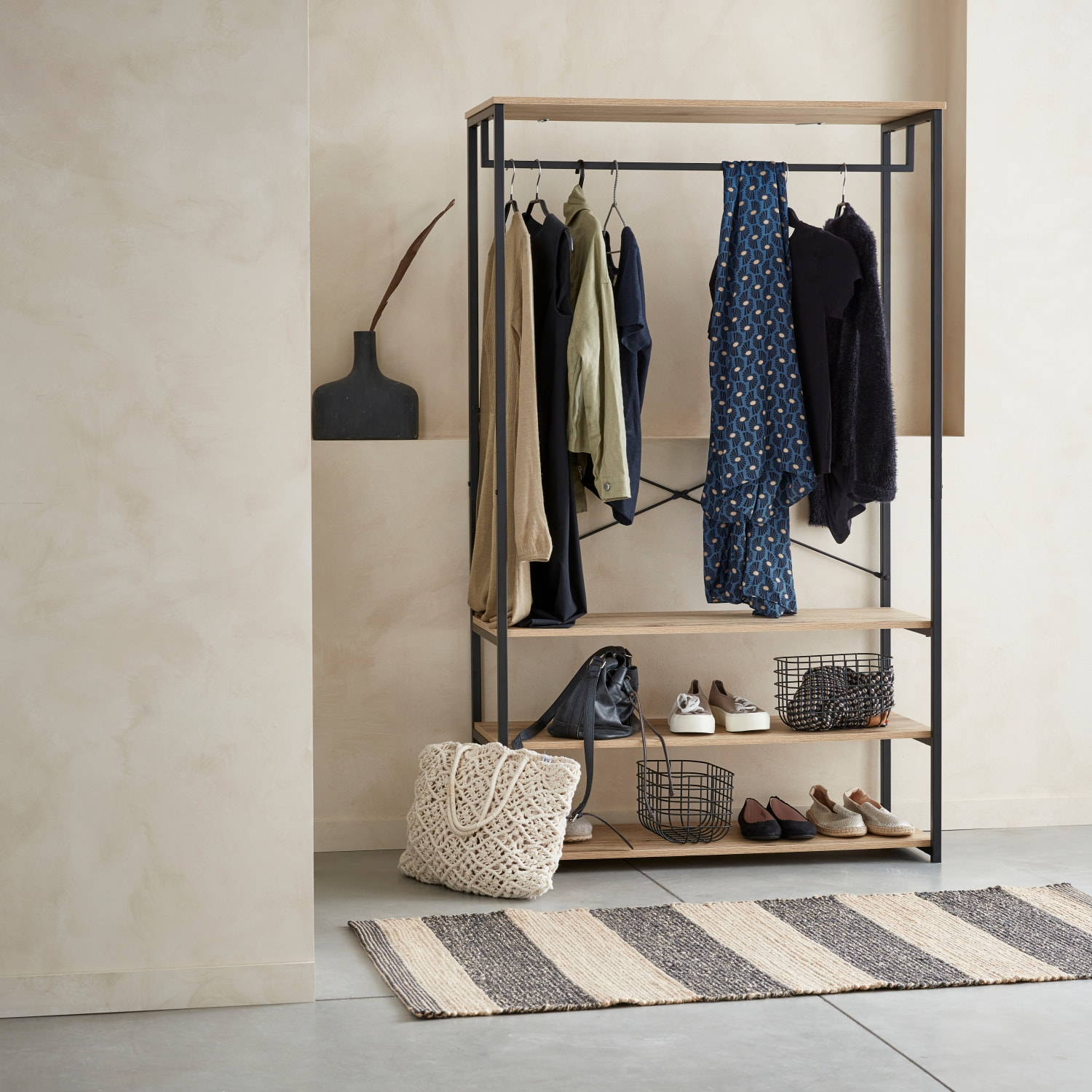 Meuble d'entrée métal et décor bois 3 niveaux avec barre de penderie LOFT