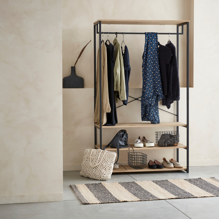 Meuble d'entrée métal et décor bois 3 niveaux avec barre de penderie LOFT