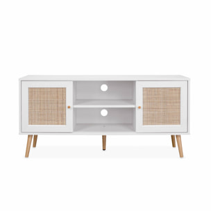 Meuble TV scandinave cannage 2 portes 120cm BOHÈME