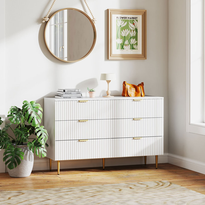 Commode 6 tiroirs design effet cannelé piètement poignées métal doré blanc