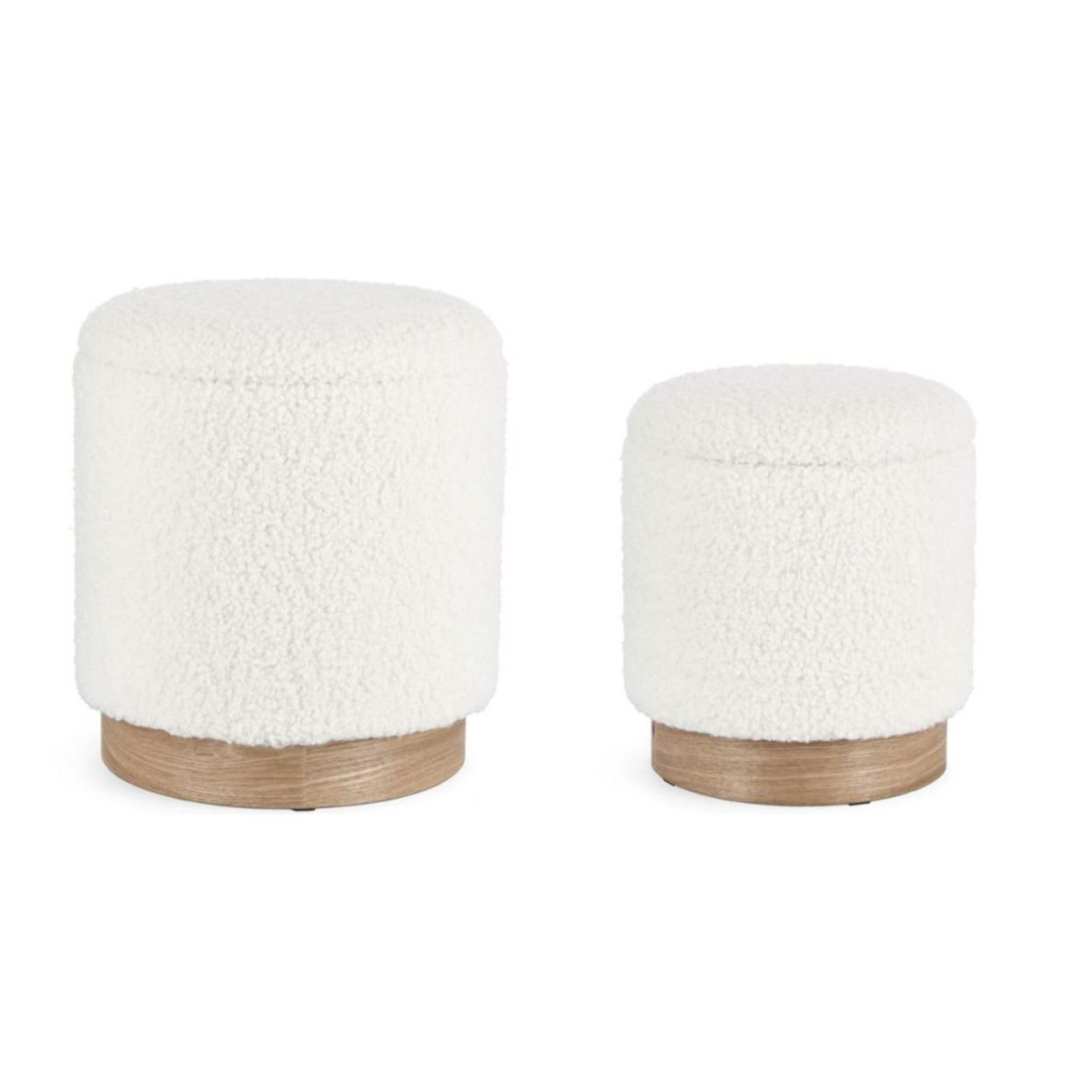 Set di pouf contenitore ZOYA bianco teddy e legno di frassino