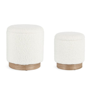 Set di pouf contenitore ZOYA bianco teddy e legno di frassino