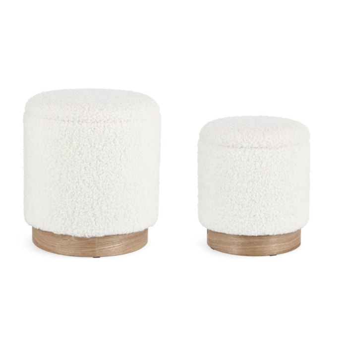 Set di pouf contenitore ZOYA bianco teddy e legno di frassino