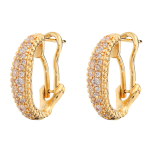 Orecchini Ovali placcati Oro Giallo 18Kt con Pavé di Cubic Zirconia e Bordi Lavorati
