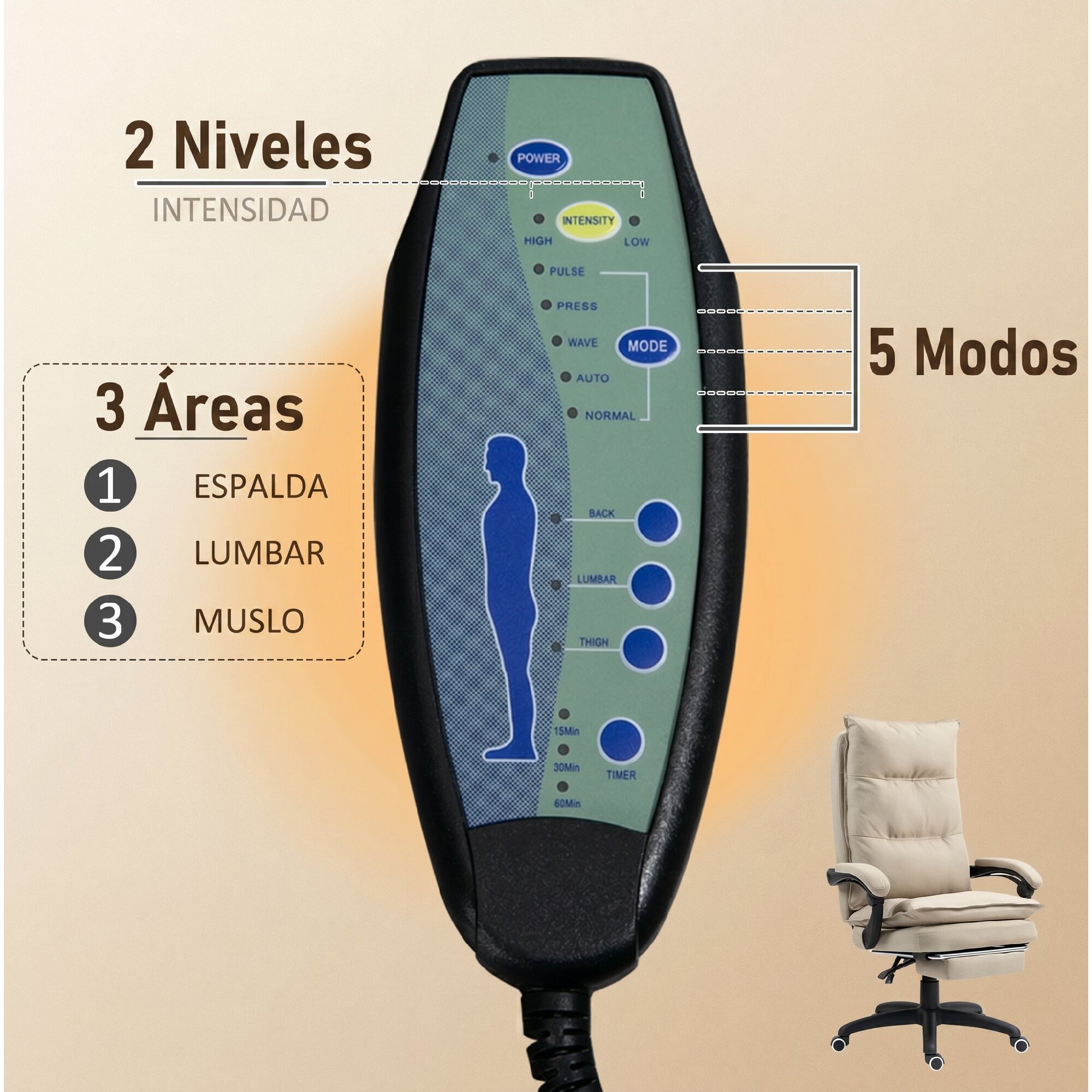 Vinsetto Silla de Oficina Ejecutiva con Masaje, Silla de Escritorio Ergonómica con Altura Ajustable, Respaldo Reclinable, Reposapiés, Mando con Cable, Giratoria 360°, Beige