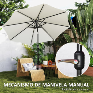 Sombrilla Terraza Exterior con Luces LED Solares Ø292x252 cm Sombrilla de Jardín con Inclinación Ajustable hasta 45° Impermeable y Manivela Parasol para Patio Piscina sin Base Crema