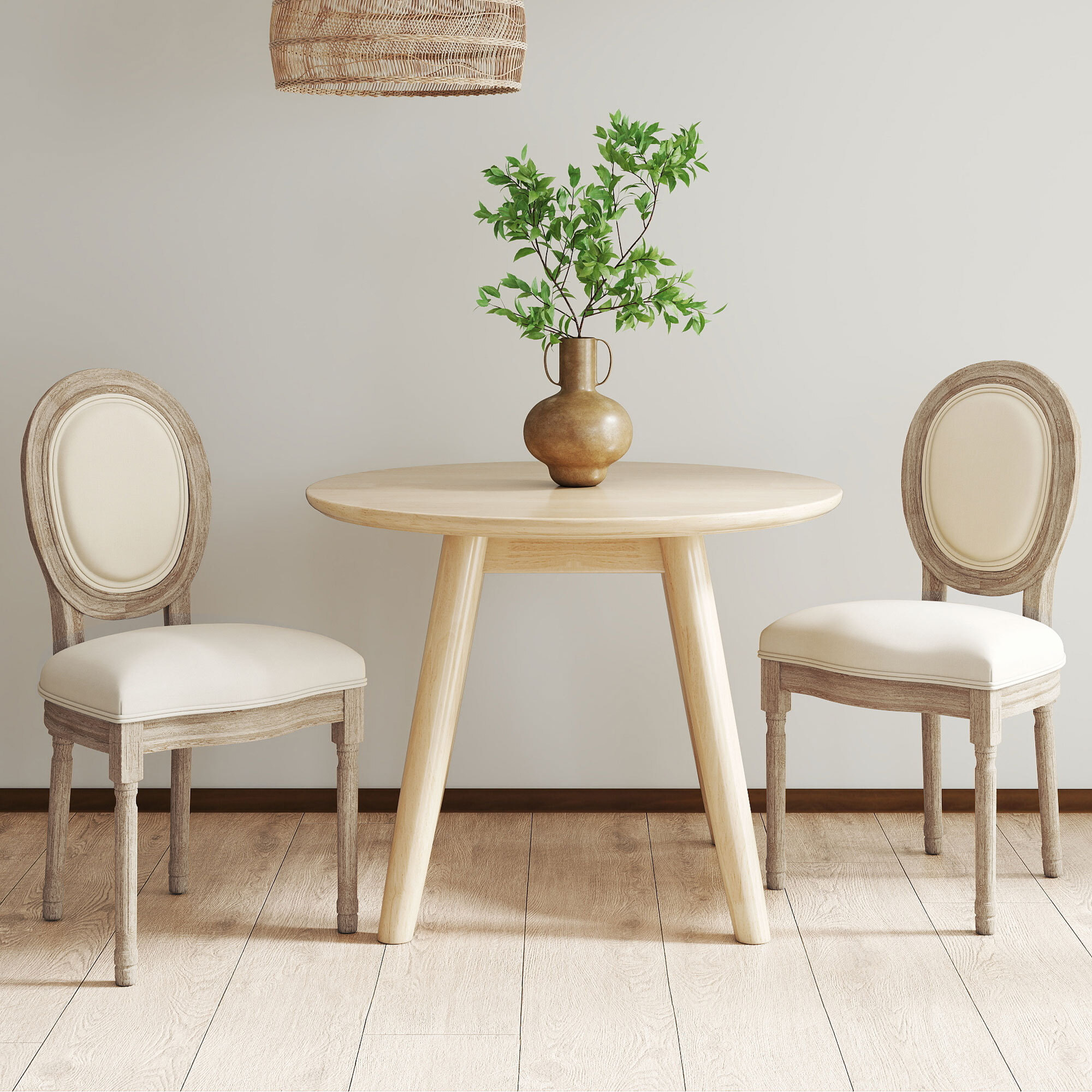 Lot de 2 chaises de salle à manger - chaise de salon médaillon style Louis XVI - bois massif sculpté, patiné - aspect lin beige