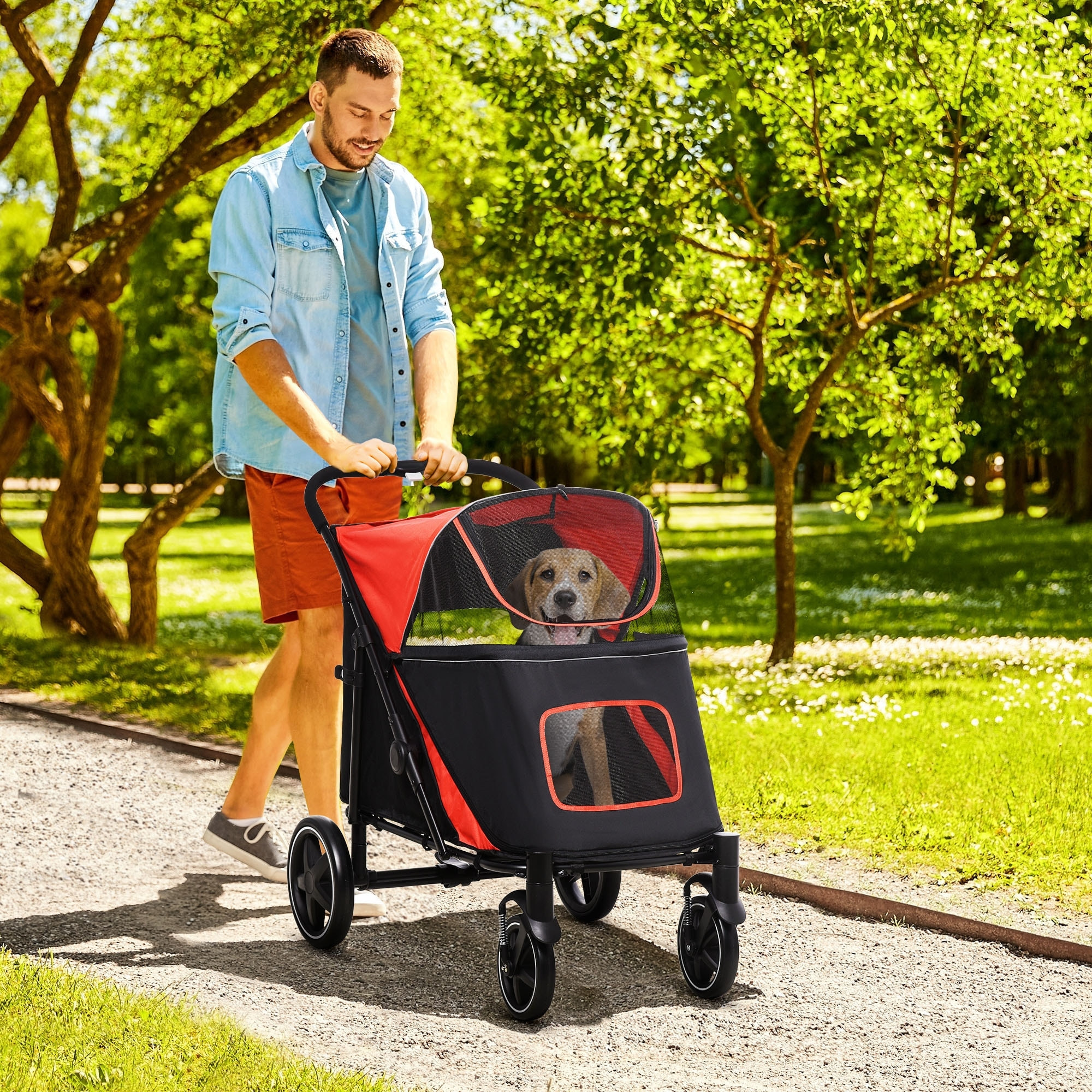 Cochecito para Perros Plegable Carrito para Mascotas con Ventanas de Malla Correas de Seguridad Bolsillos de Almacenamiento Carga 40 kg 112x65x100 cm Rojo