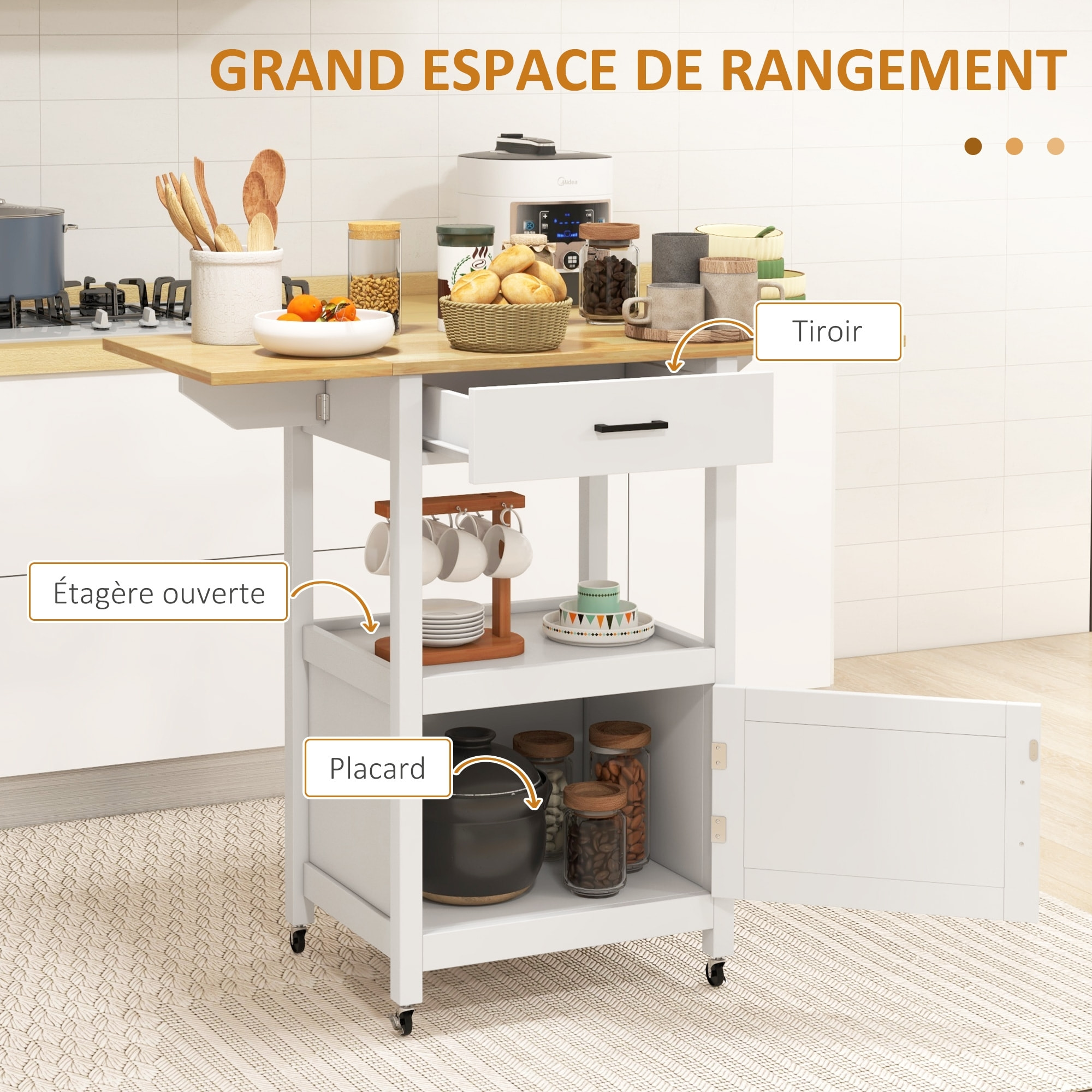 Desserte de cuisine extensible sur roulettes - porte, niche, tiroir - rallonges bois hévéa verni MDF blanc