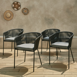 Lot de 4 fauteuils de jardin en corde noire et acier galvanisé. coussin gris