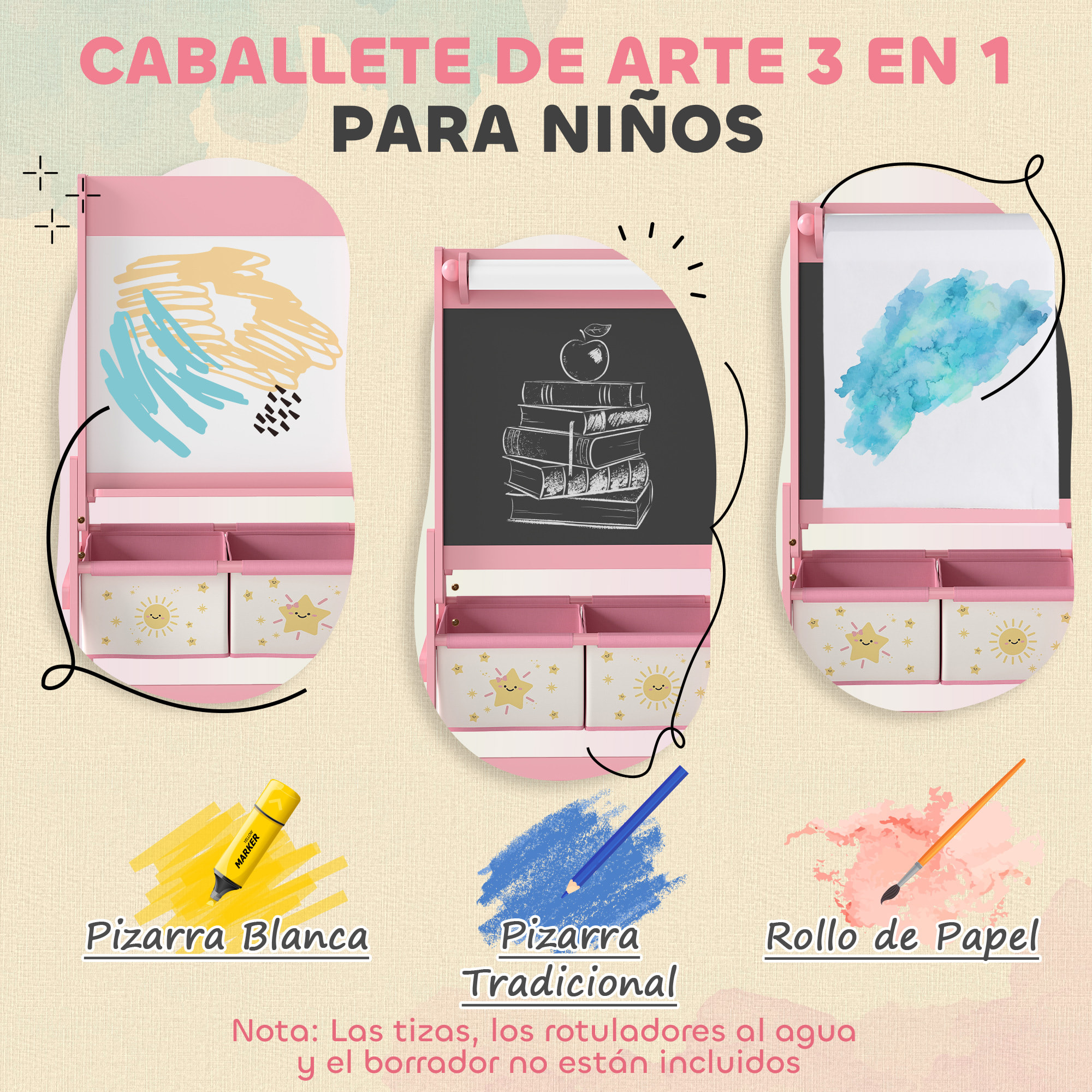 Pizarra Infantil Caballete 3 en 1 Pizarra Infantil de Doble Cara Caballete de Pintura para Niños de +3 Años con Rollo de Papel y Cestas de Almacenamiento 54x46x94 cm Rosa