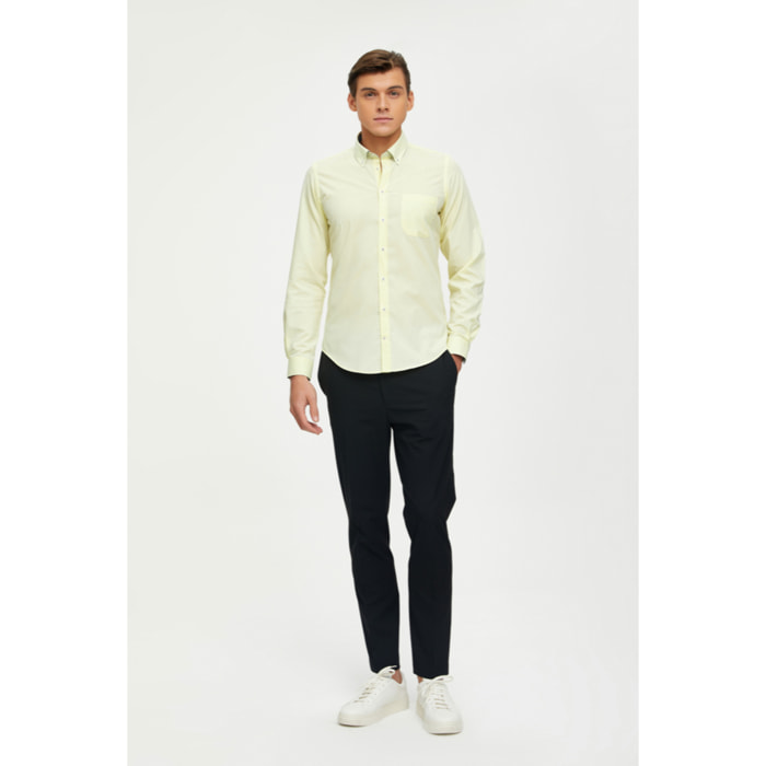 Camicia Uomo 1 Bottone Button Down Manica Corta Slim Cotone Poliestere Oxford Giallo