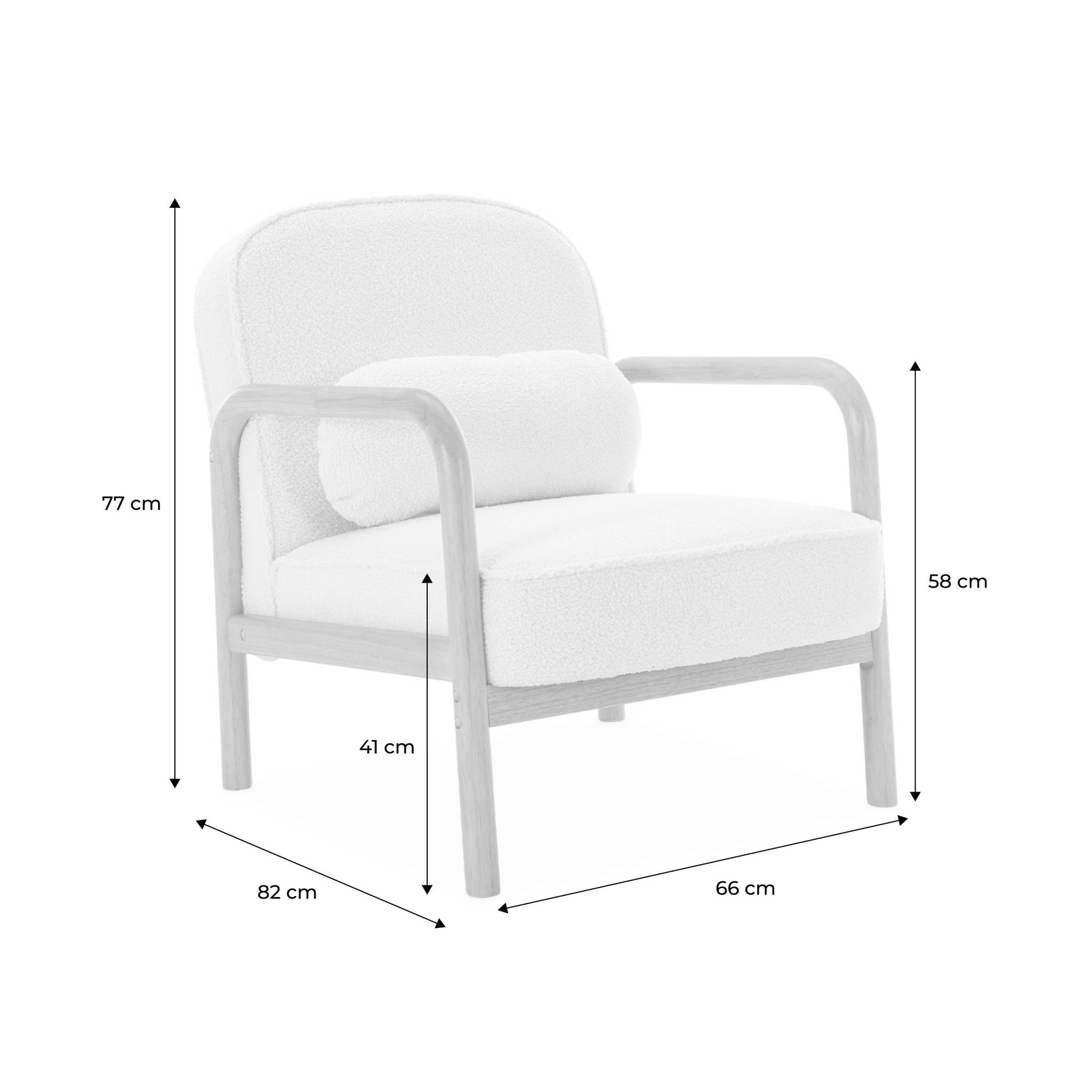 Fauteuil scandinave bois d'hévéa et dossier arrondi en bouclette blanche - AMELIE