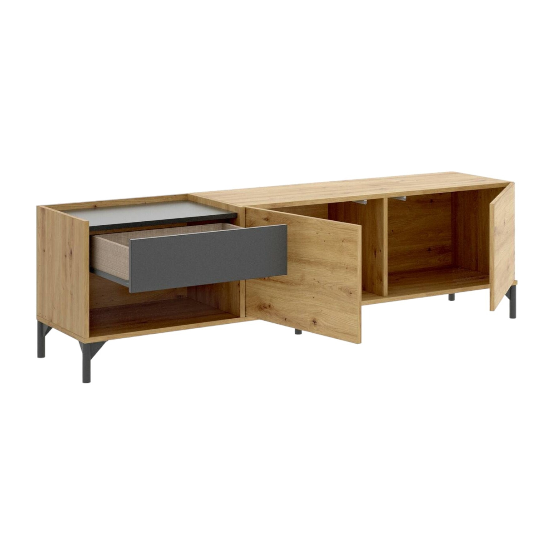 Mobile porta TV Cengalo, Credenza bassa da soggiorno, Madia da salotto per televisione, 164x39h49 cm, Rovere Nodi e Antracite