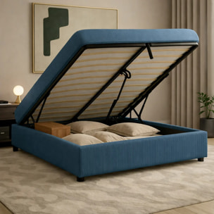 Lit coffre Futura | Ouverture électrique avec télécommande | Espace de stockage jusqu'à 900 L | Velours Côtelé | Bleu nuit