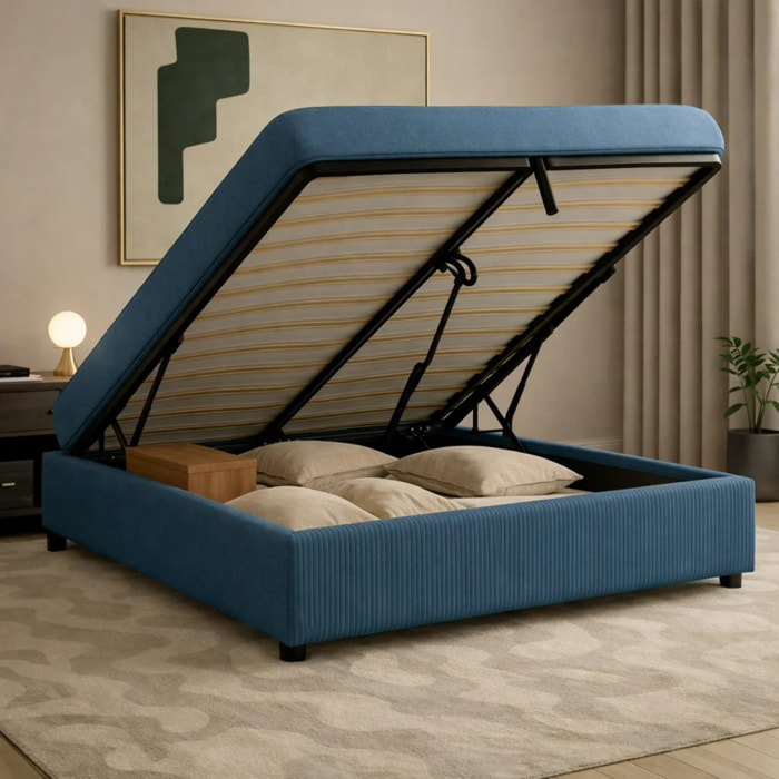 Lit coffre Futura | Ouverture électrique avec télécommande | Espace de stockage jusqu'à 900 L | Velours Côtelé | Bleu nuit