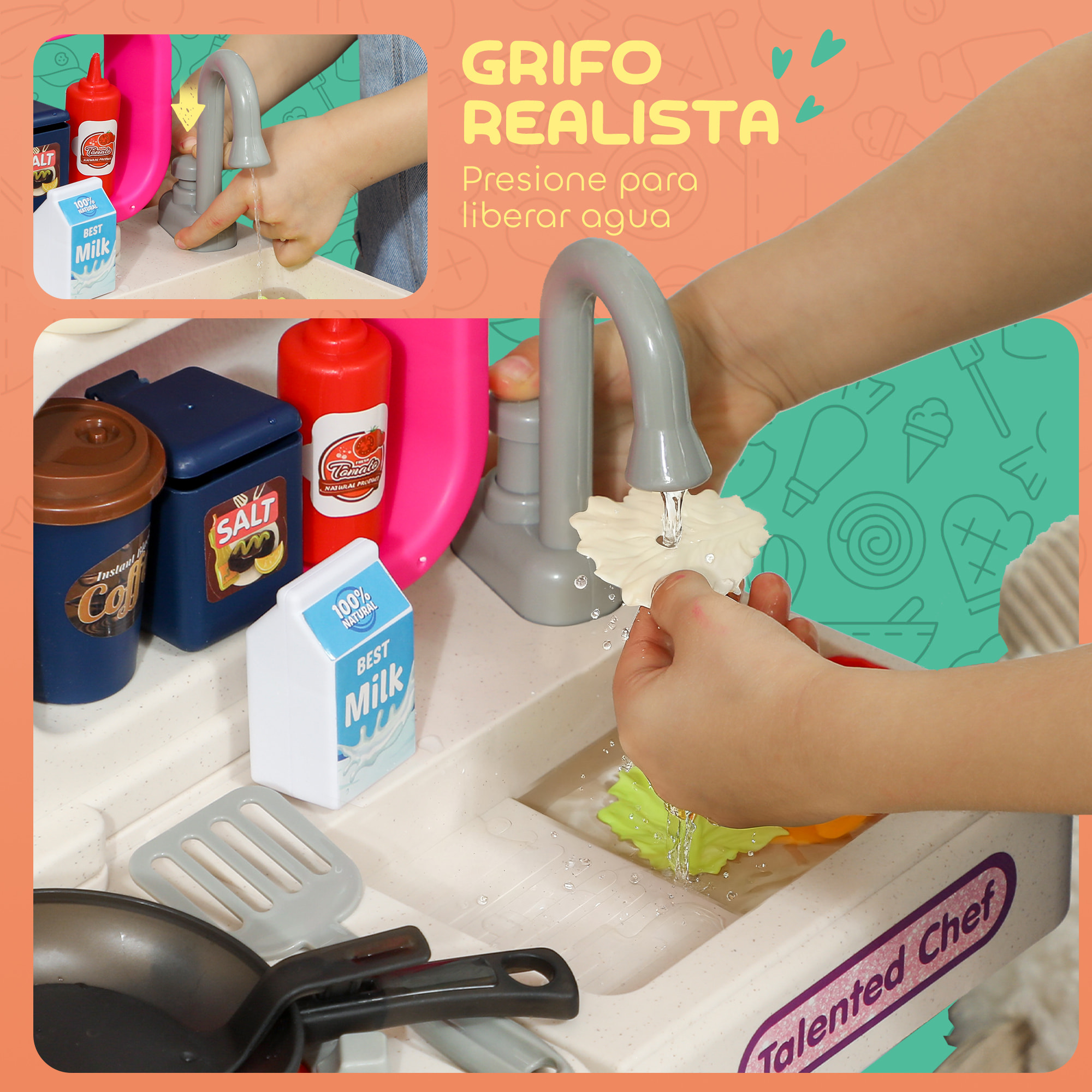 Cocina de Juguete con Luces y Sonido, Cocinita Infantil con Accesorios, Fregadero, Ollas, Utensilios y Alimentos Falsos, Juguetes para Niños a Partir de 3 Años, 52,5x22x100 cm, Rosa
