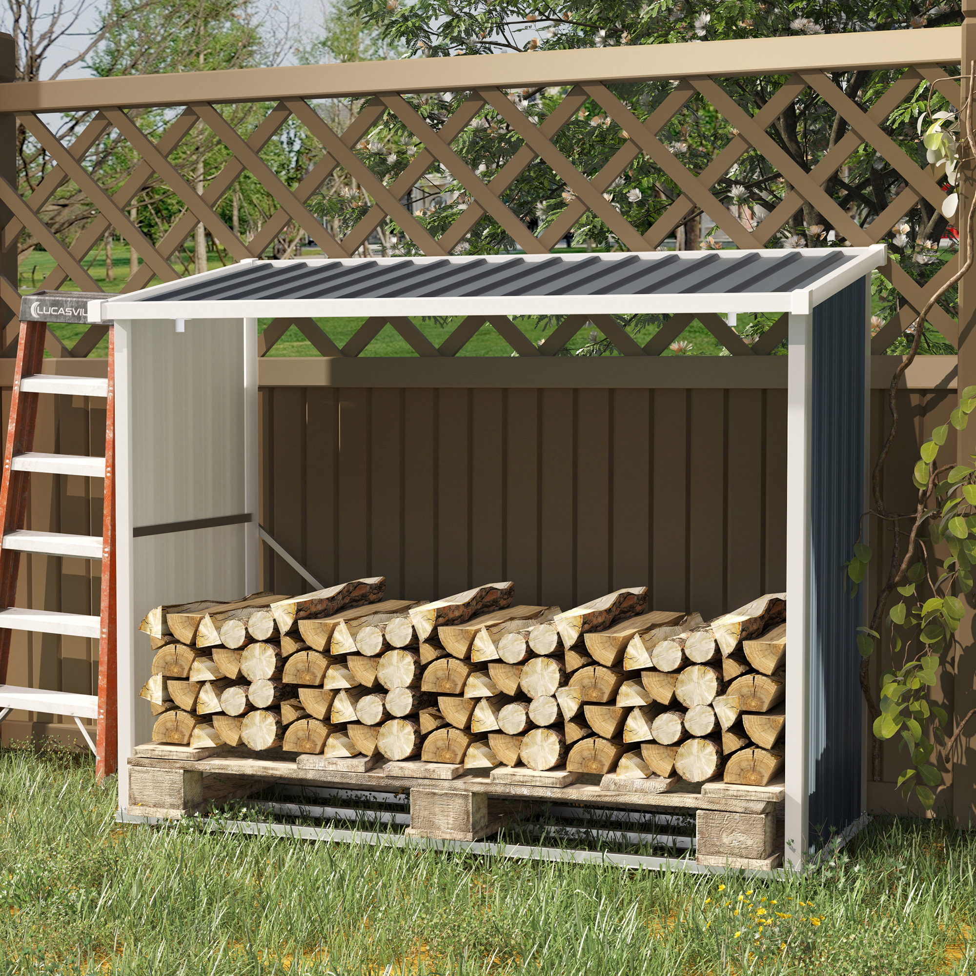 Casetilla para Leña Acero Galvanizado Cobertizo Leñero de Almacenamiento de Troncos con Techo Inclinado para Jardín Terraza Exterior 185x84x133,5/148,5 cm Gris