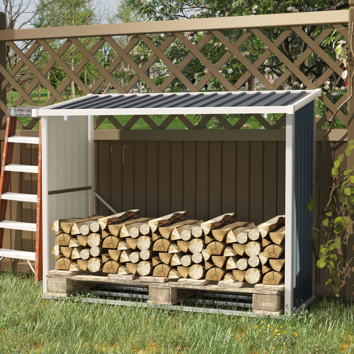 Casetilla para Leña Acero Galvanizado Cobertizo Leñero de Almacenamiento de Troncos con Techo Inclinado para Jardín Terraza Exterior 185x84x133,5/148,5 cm Gris
