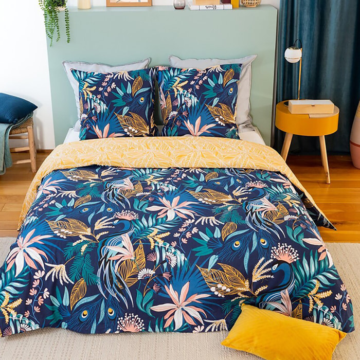 Parure housse de couette coton bleu fonce