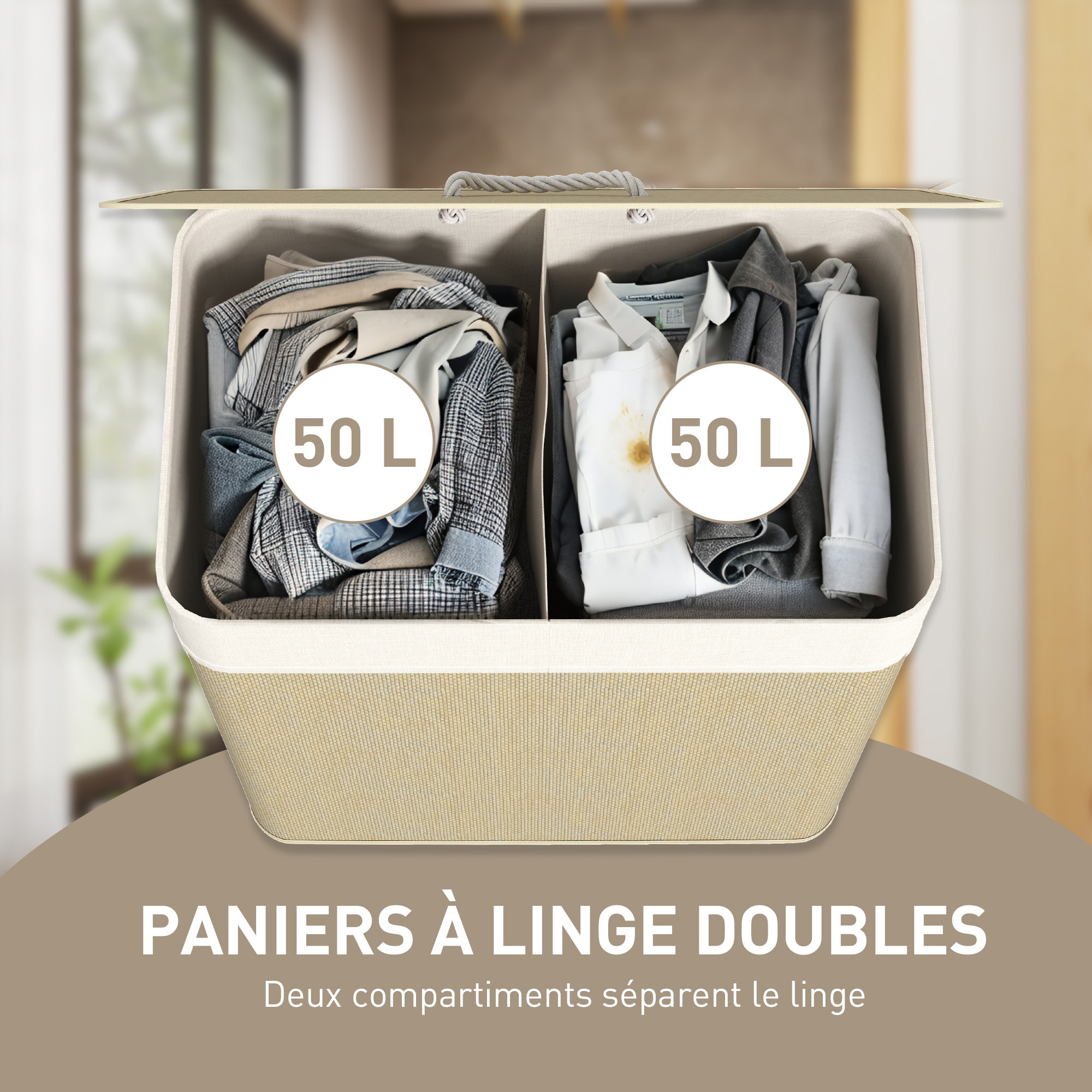 Panier à linge double 100L - corbeille à linge avec couvercle et poignées - tissage bambou écru