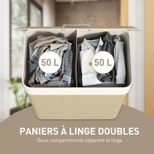 Panier à linge double 100L - corbeille à linge avec couvercle et poignées - tissage bambou écru