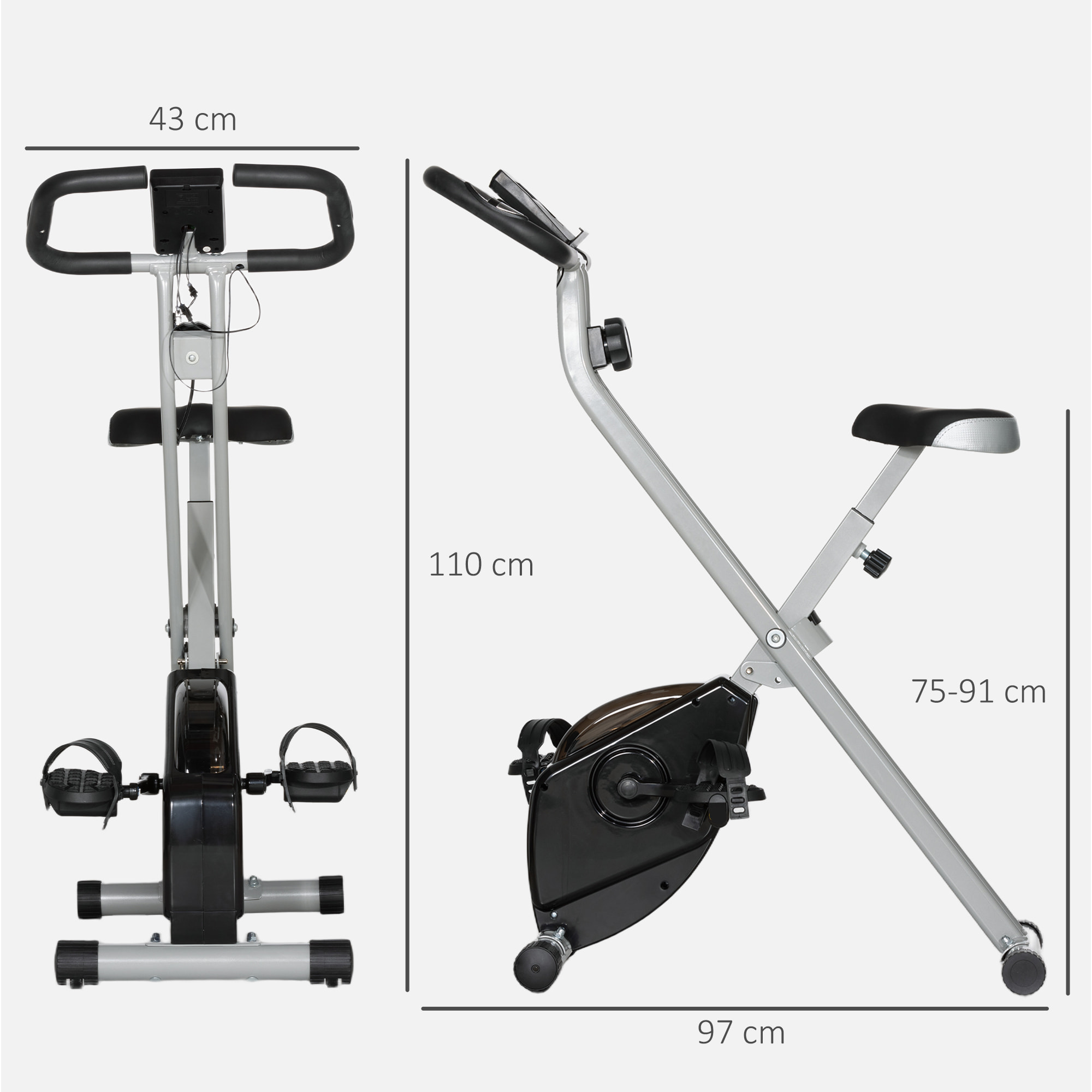 Vélo d'appartement pliant, vélo fitness silencieux vélo d'intérieur avec résistance magnétique à 8 niveaux, capteur de fréquence cardiaque, siège réglable, écran LCD et roulettes, gris