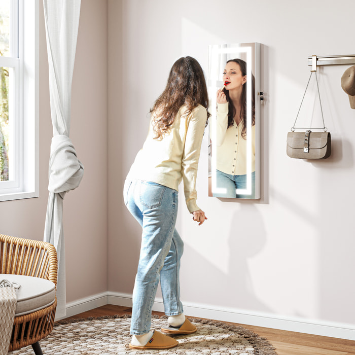 Espejo Joyero de Pared Espejo Joyero Colgante con Luces LED y Cerradura Espejo Integrada Armario de Joyas para Colgar en la Pared o en la Puerta Blanco