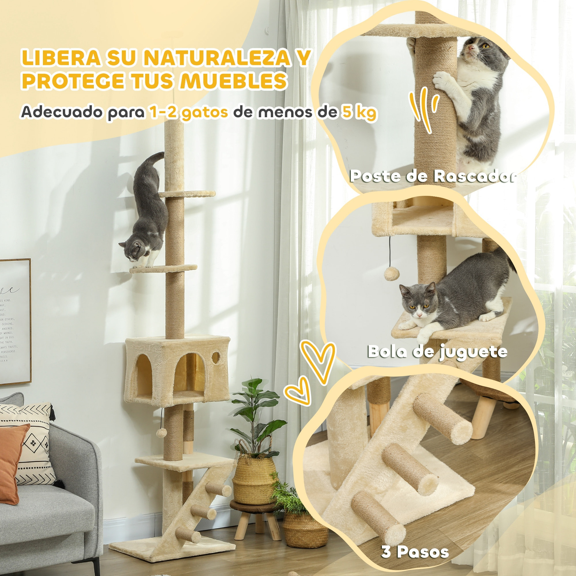 Árbol para Gatos de Suelo a Techo de 225-265 cm Árbol Rascador para Gatos con Altura Ajustable Múltiples Plataformas Escalera Bola Colgante Beige