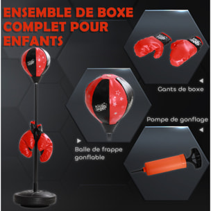 Punching ball enfant - sac de frappe enfant - hauteur réglable - base lestage, pompe, 2 gants inclus - rouge noir