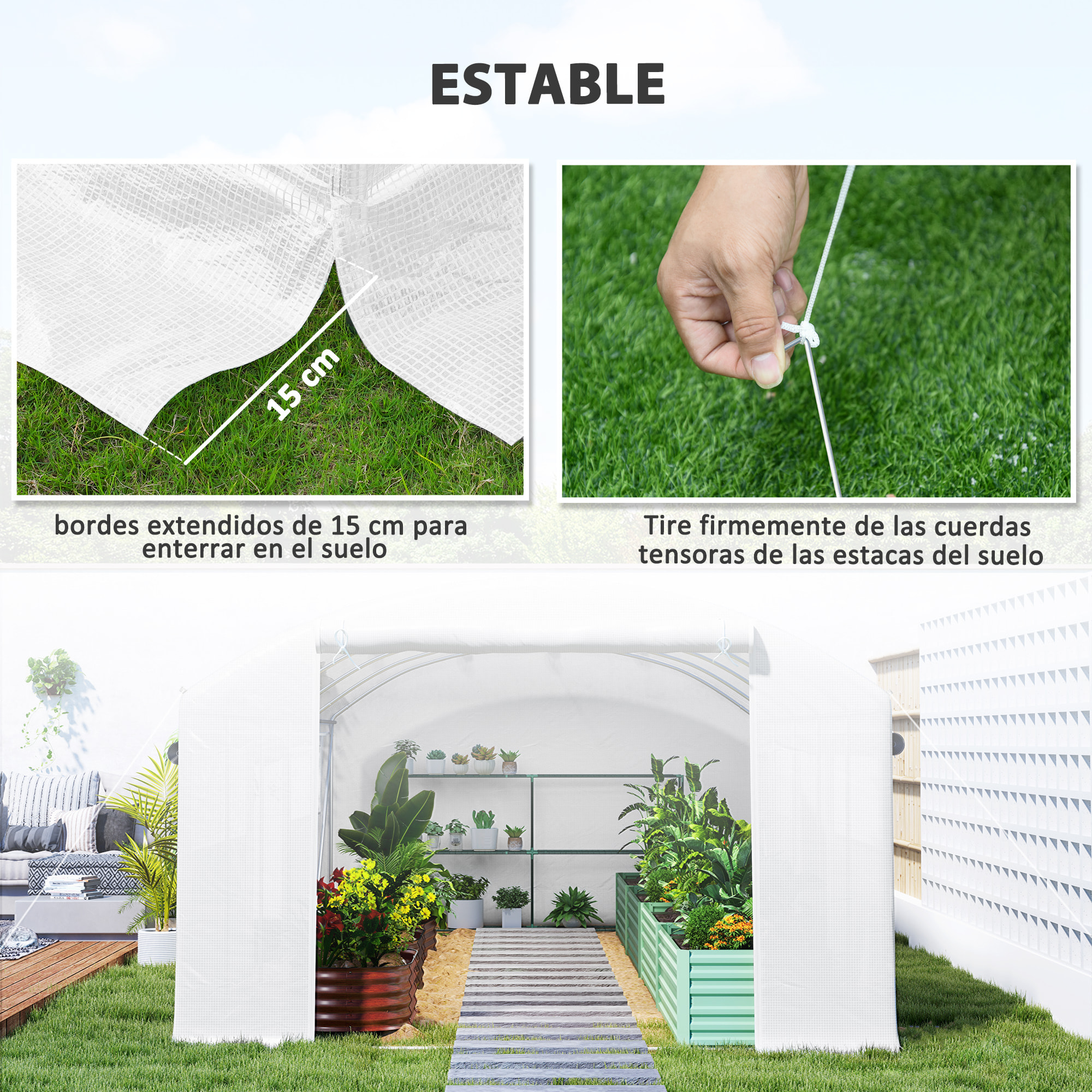 Invernadero de Exterior 6x3x2 m Invernadero de Túnel con 6 Ventanas de Malla Cubierta de PE Anti-UV y 3 Puertas Enrollables con Cremallera Invernadero para Jardín Patio Blanco