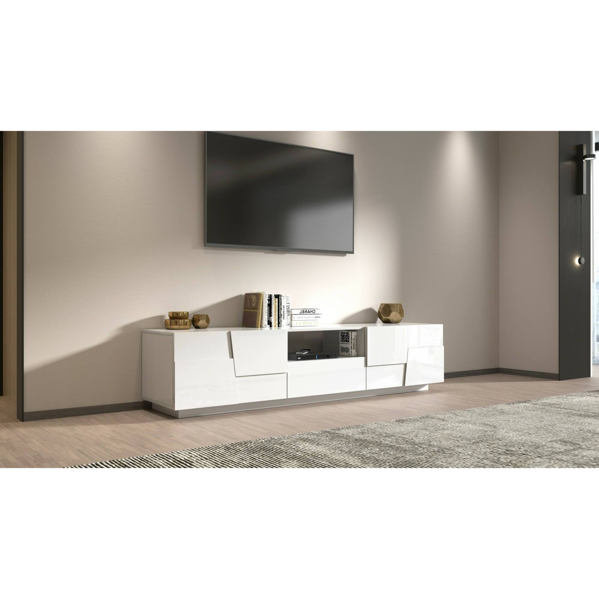 Mobile porta TV Dcortinovi, Credenza bassa da soggiorno con 4 ante e 1 cassetto, Base porta TV, 220x44h46 cm, Bianco lucido