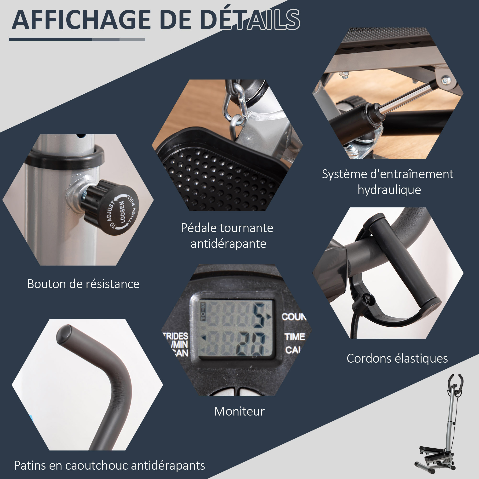 Stepper fitness avec guidon ergonomique réglable et écran LCD - bandes de résistance - gris noir