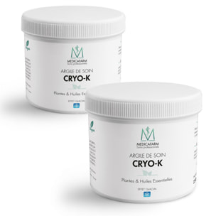 MEDICAFARM - Argile de soin CRYO-K - Aux plantes et huiles essentielles - Effet glacial - Aide à soulager les douleurs et améliorer confort circulatoire - 2 Pots de 250 g