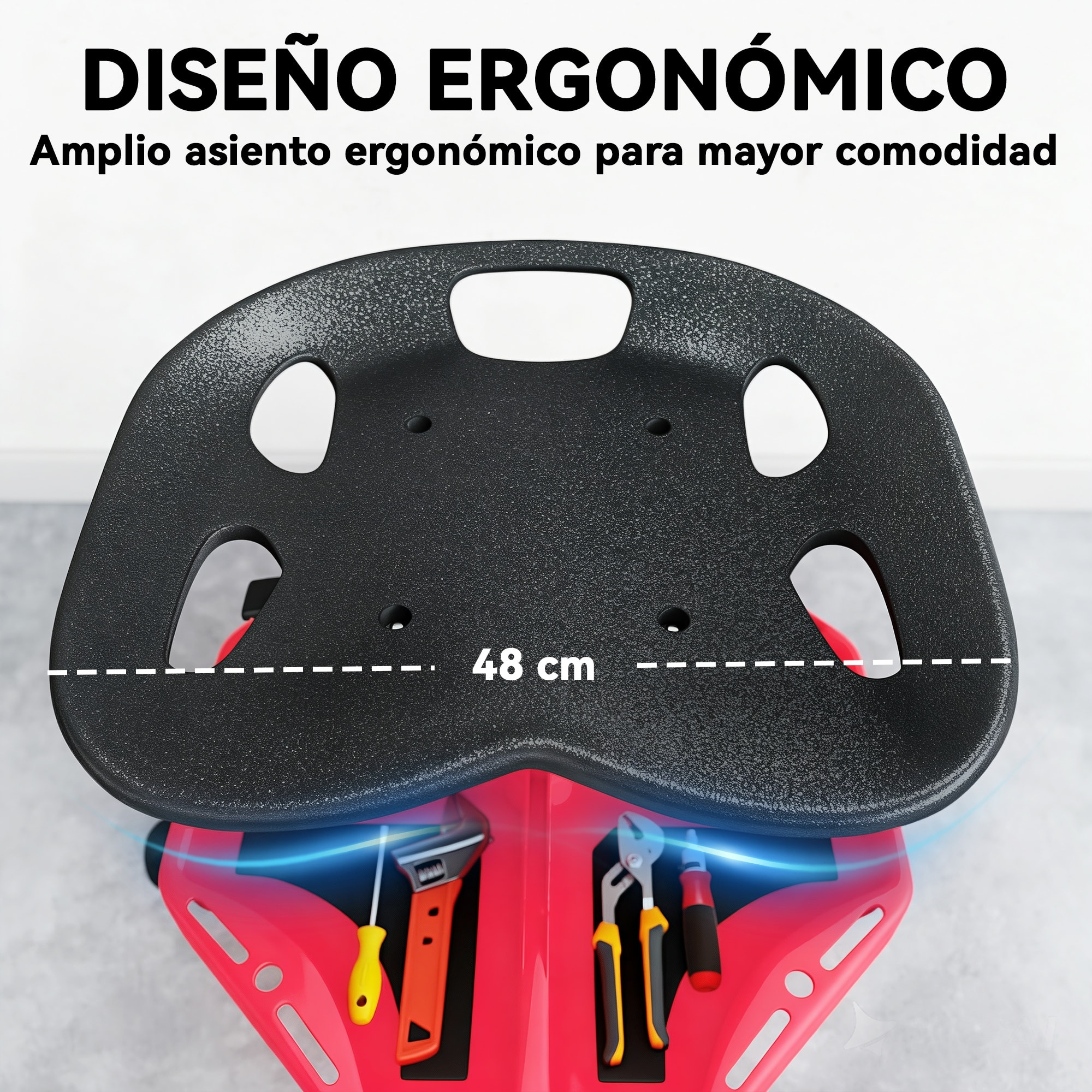 Taburete de Taller Móvil con Bandeja Magnética, Altura Ajustable de 52â‚¬â€œ59,5 cm, Carga 135 kg, Asiento Taburete para Mecánico con Ruedas, para Garaje, Reparación de Automóviles, Rojo