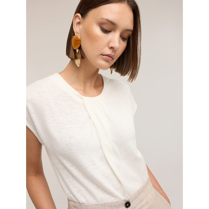 Motivi - Camiseta de mezcla de lino con drapeado - Blanco