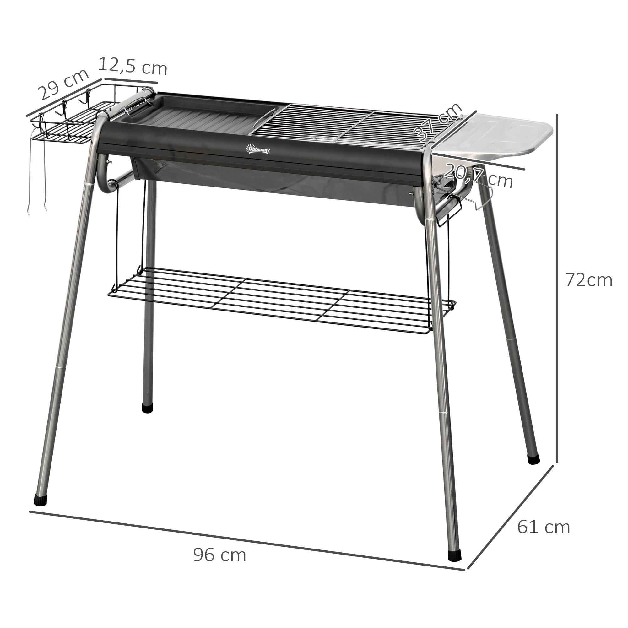 Barbacoa de Carbón Barbacoa Portátil con Parrilla de Acero Inoxidable Bandeja Especiero y Estante de Almacenamiento para Jardín Camping 96x61x72 cm Negro