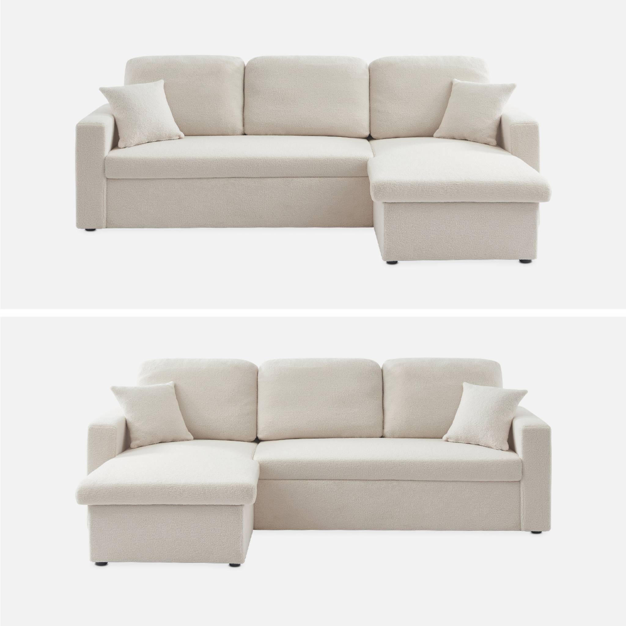 Canapé d'angle convertible en tissu bouclettes blanches - IDA - 3 places. fauteuil d'angle réversible coffre rangement lit modulable