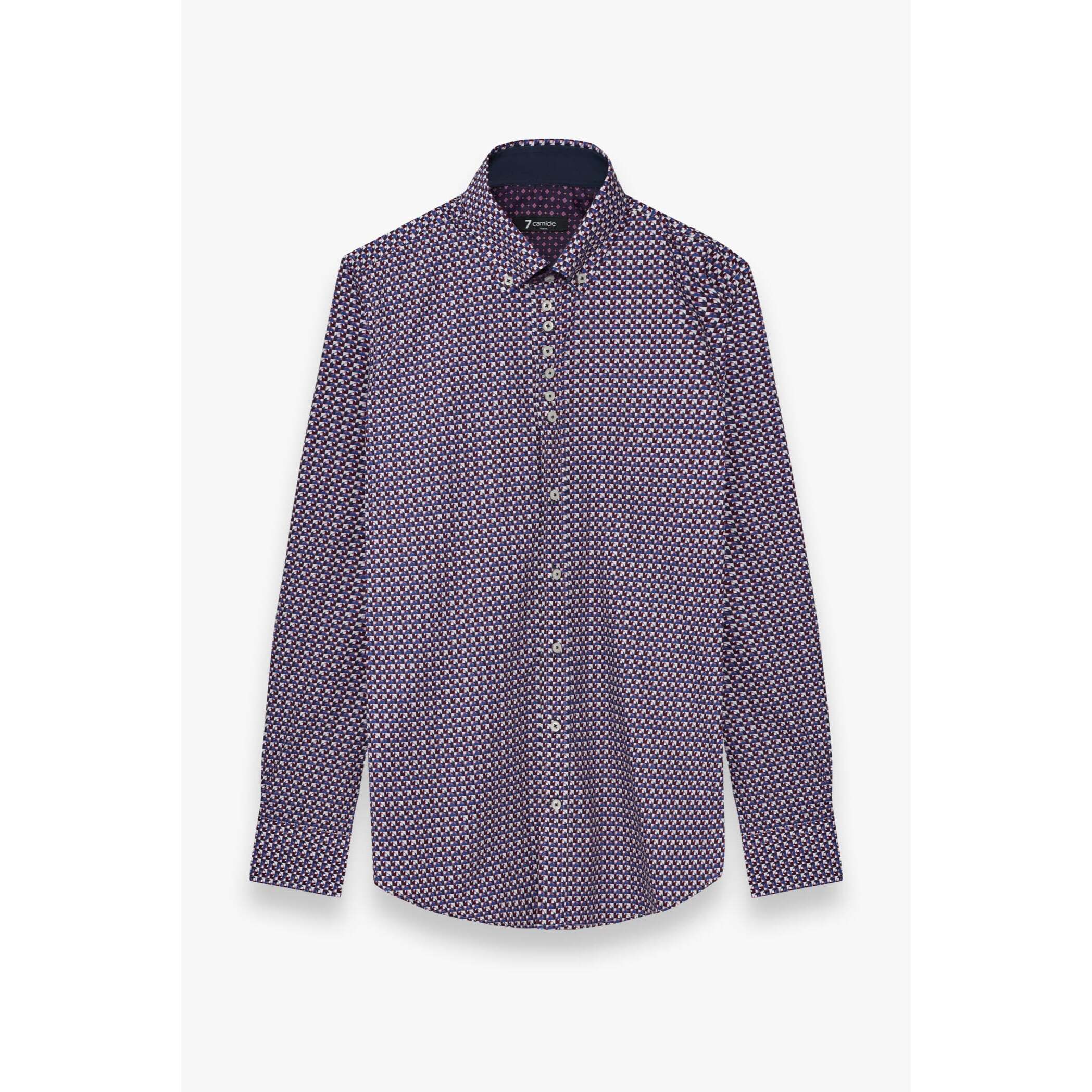 Camicia Uomo 1 Bottoni Button Down Slim Popeline Stampato Bordeaux/Blu