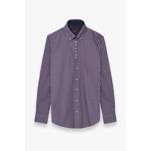 Camicia Uomo 1 Bottoni Button Down Slim Popeline Stampato Bordeaux/Blu