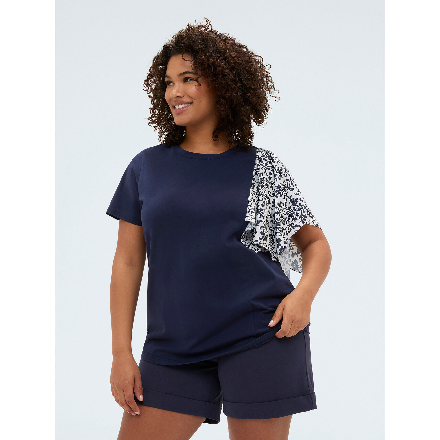 Fiorella Rubino - T-shirt bimaterica con manica stampata - Blu