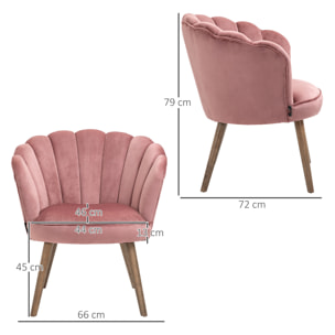 Fauteuil design coquillage piètement effilé bois d'hévéa dossier enveloppant strié aspect velours rose poudré