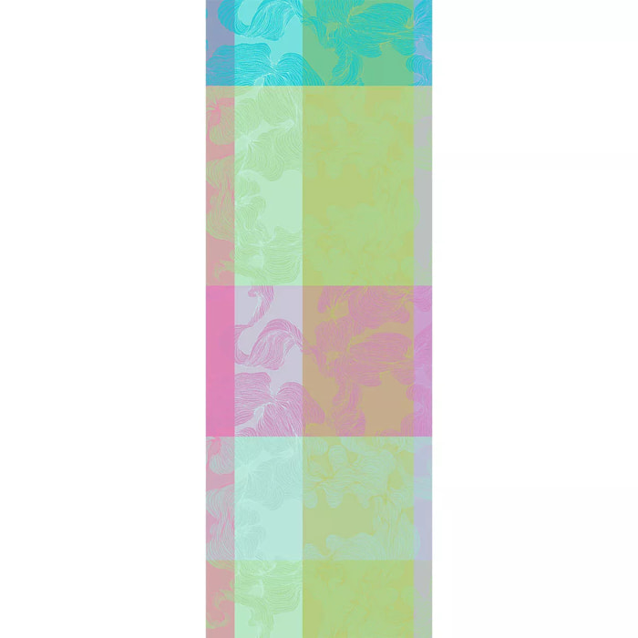 Chemin de table pur coton 220 g/m² motif jacquard bleu rose vert Mille vertiges ara