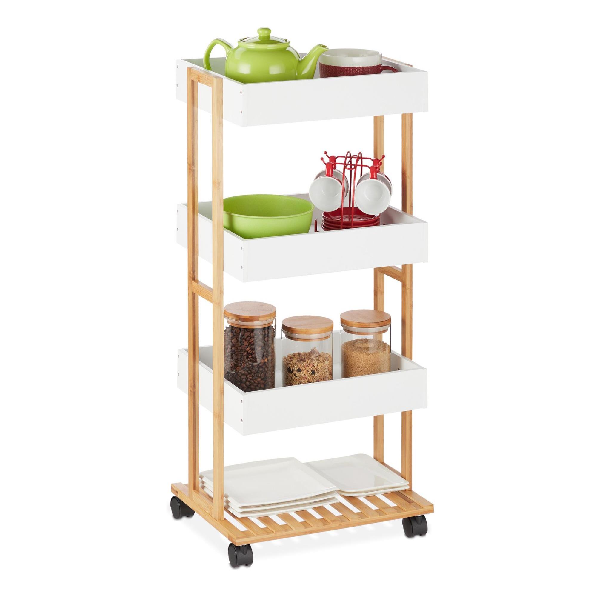 Well home carro de almacenamiento en bambú con 1 estante y 3 bandejas en color blanco 40x30x87,5cm