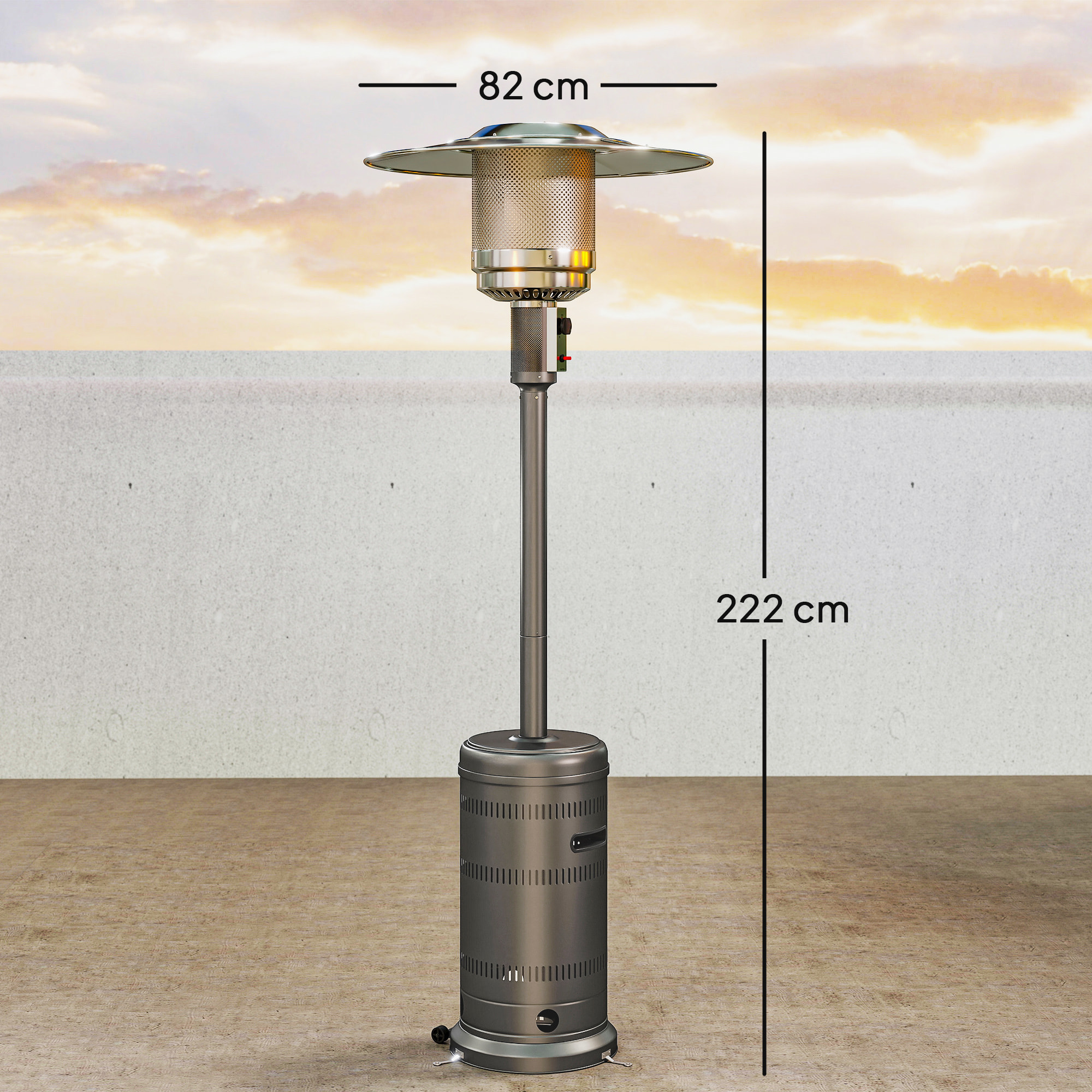 Estufa de Gas Butano, 13 KW, Calefactor de Exterior a Gas Portátil con Temperatura Ajustable, Protección contra Vuelcos, Encendido Piezoeléctrico y Ruedas, Apta para Butano y Propano, Gris