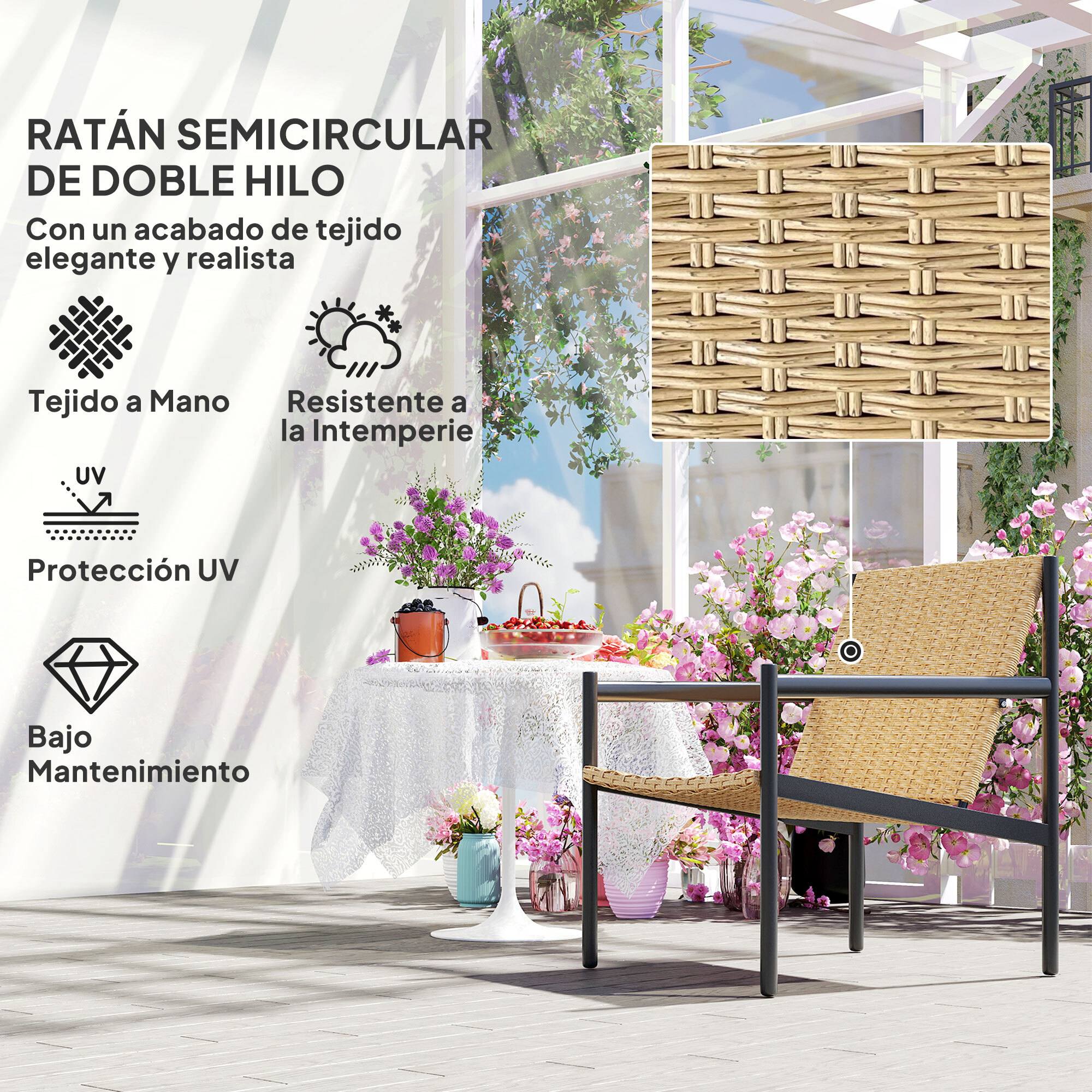 Silla de Ratán de Jardín Individual Silla para Exterior Resistente a la Intemperie con Reposabrazos Respaldo Inclinado y Estructura de Acero Carga 120 kg para Terraza Patio Balcón Natural